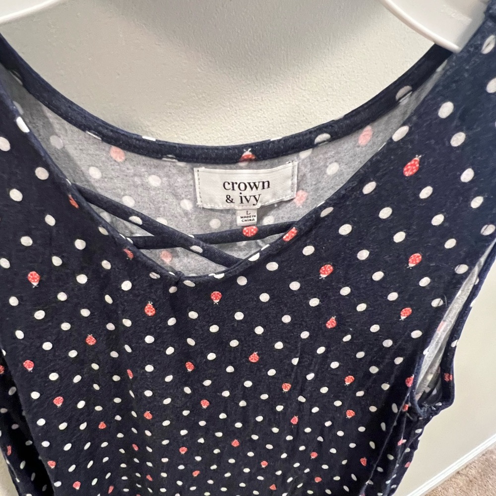 Crown & Ivy Girls Navy Red Ladybug & White Polka dot dress Large LIKE NEW